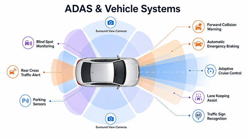 An infographic illustrating Advanced Driver Assistance Systems (ADAS) features on a vehicle, including Forward Collision Warning, Automatic Emergency Braking, Adaptive Cruise Control, Lane Keeping Assist, Traffic Sign Recognition, Blind Spot Monitoring, and Rear Cross Traffic Alert, with sensors and cameras represented around the car.