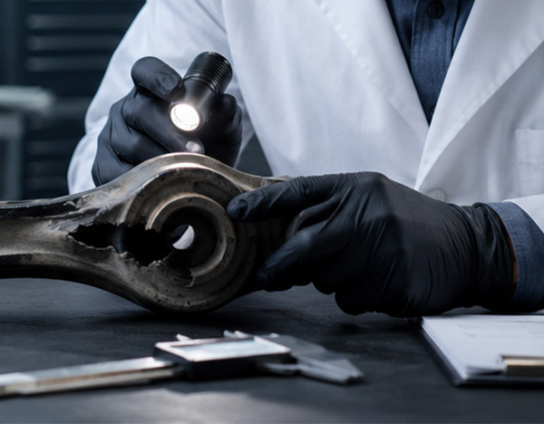 A close-up view of a professional wearing black nitrile gloves examining a fractured mechanical component with a flashlight, alongside a pair of calipers and a document, as part of a technical mechanical failure analysis.