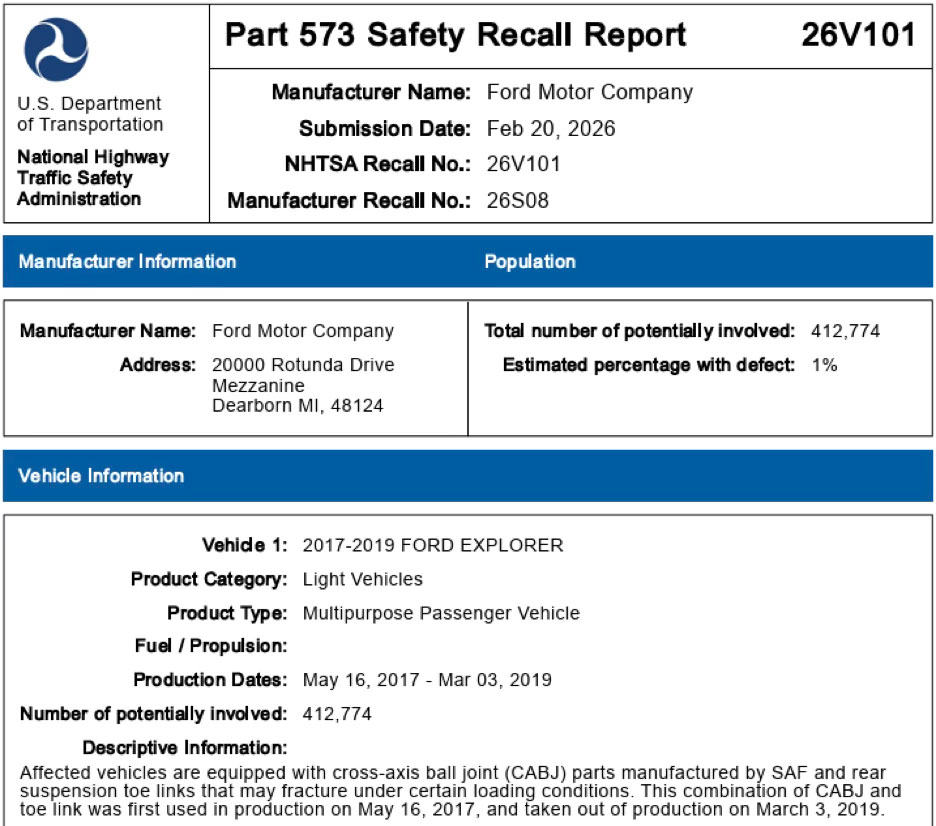 NHTSA Part 573 Safety Recall Report document detailing vehicle defect information, used for forensic investigation into recall-related mechanical failures.